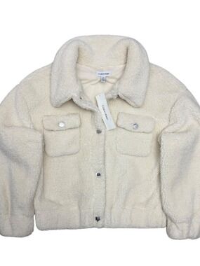 CALVIN KLEIN Faux Fur Jacket Cream Bomber Designer Coat Womens Medium - NWT
